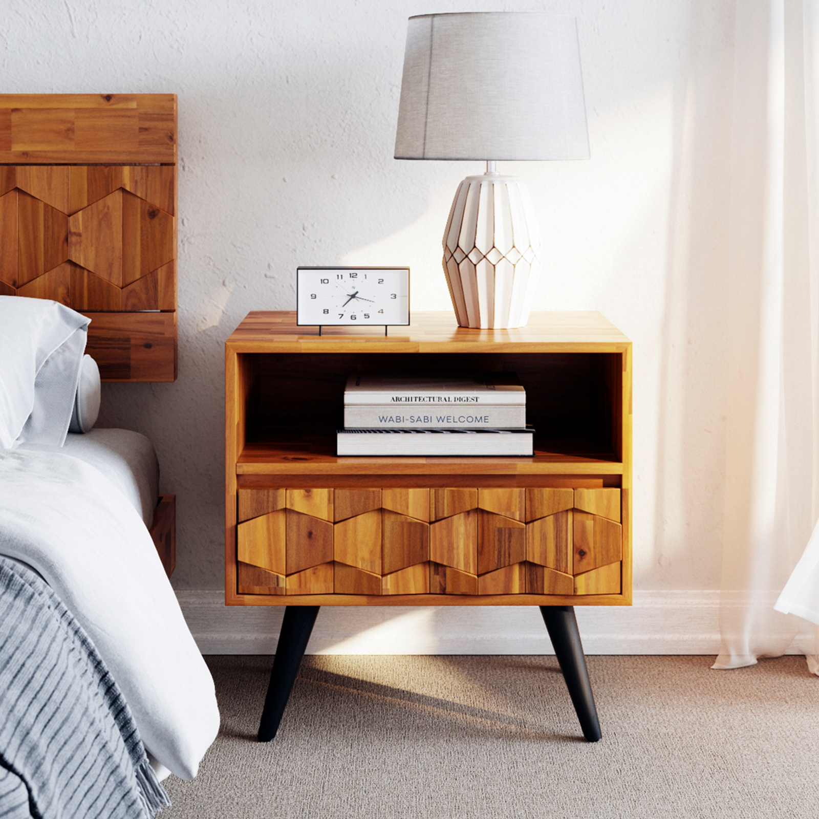 Bme Georgina Solid Wood Nightstand With 1 Drawer & Open Shelf
