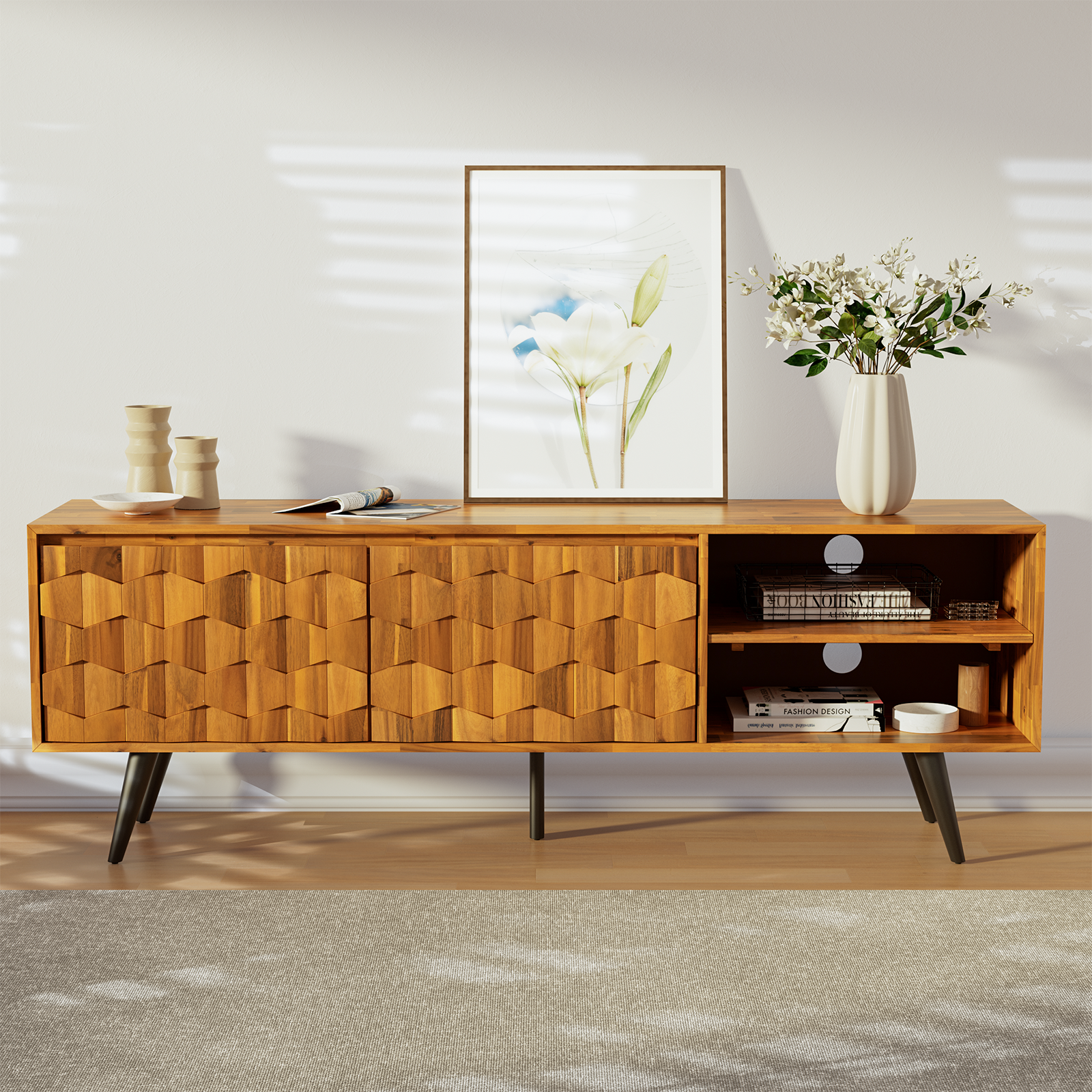Bme Georgina Solid Wood, 10 Minutes Assembly Entertainment Center with Storage Geometric Pattern Console for Living, Bedroom, Dining Room