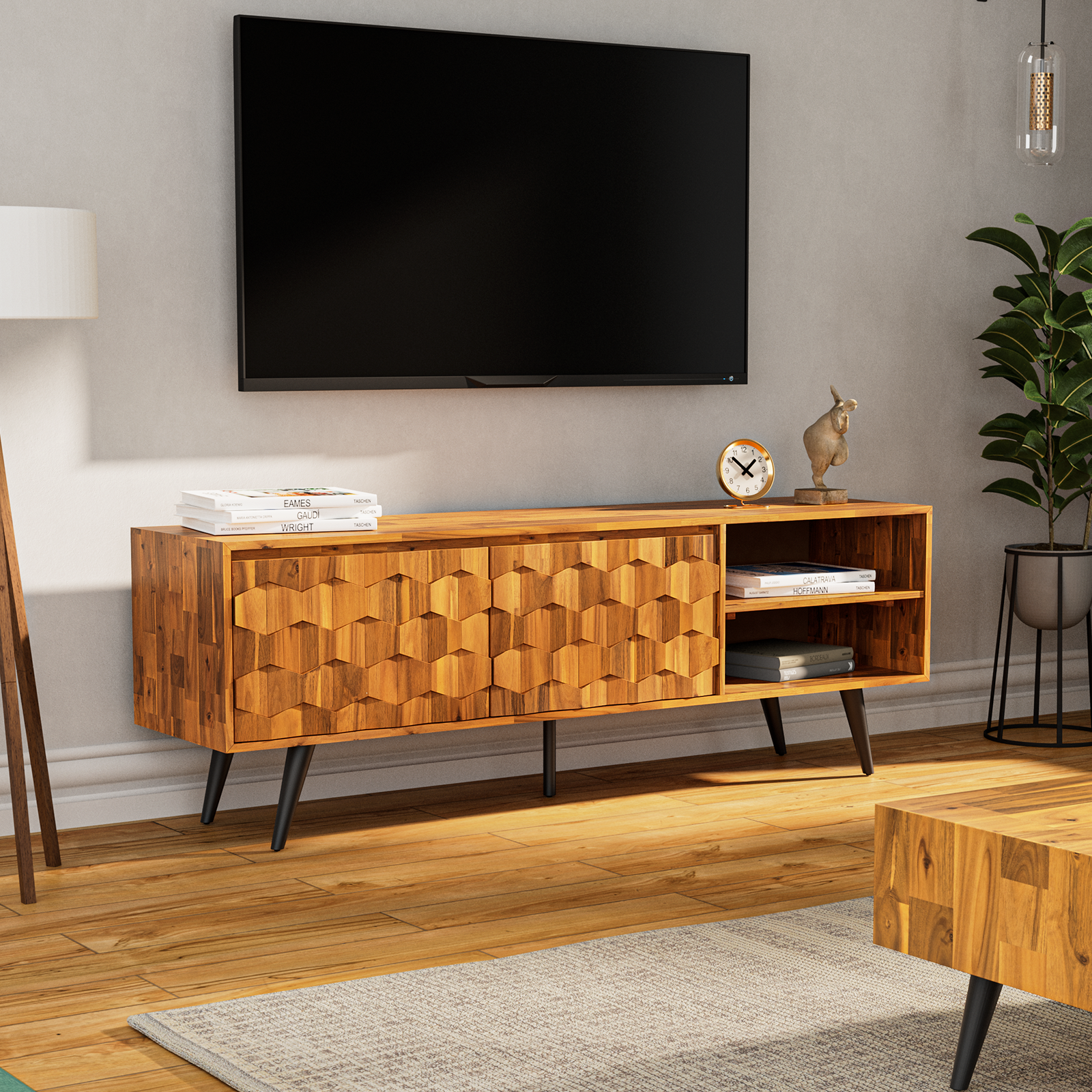 Bme Georgina Solid Wood, 10 Minutes Assembly Entertainment Center with Storage Geometric Pattern Console for Living, Bedroom, Dining Room