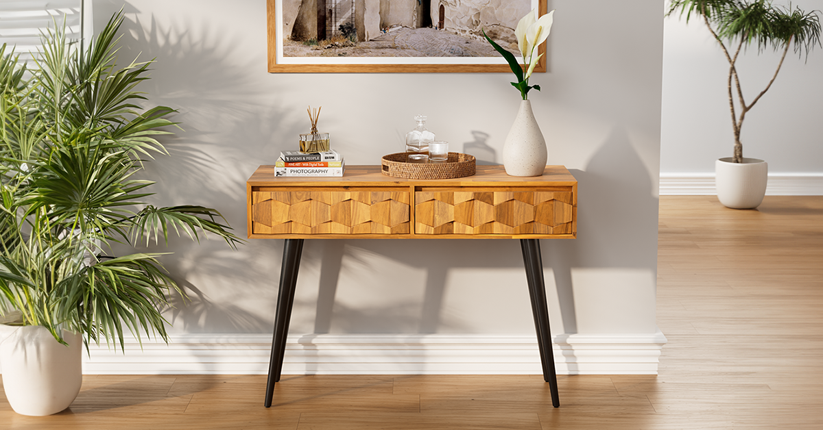 Bme Console Modern Mid-Century 2 Drawers and Metal Legs