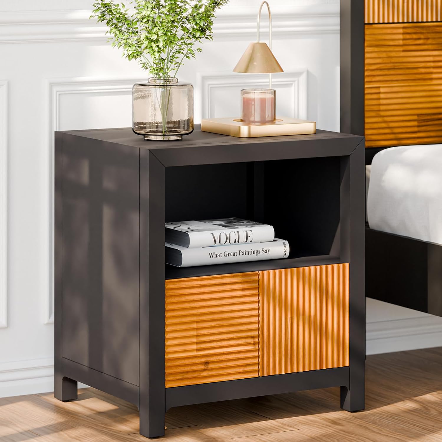 Bme Madia Wood Nightstand, Fully Assembled Mid-Century Modern Side Table in Black and Teak Brown