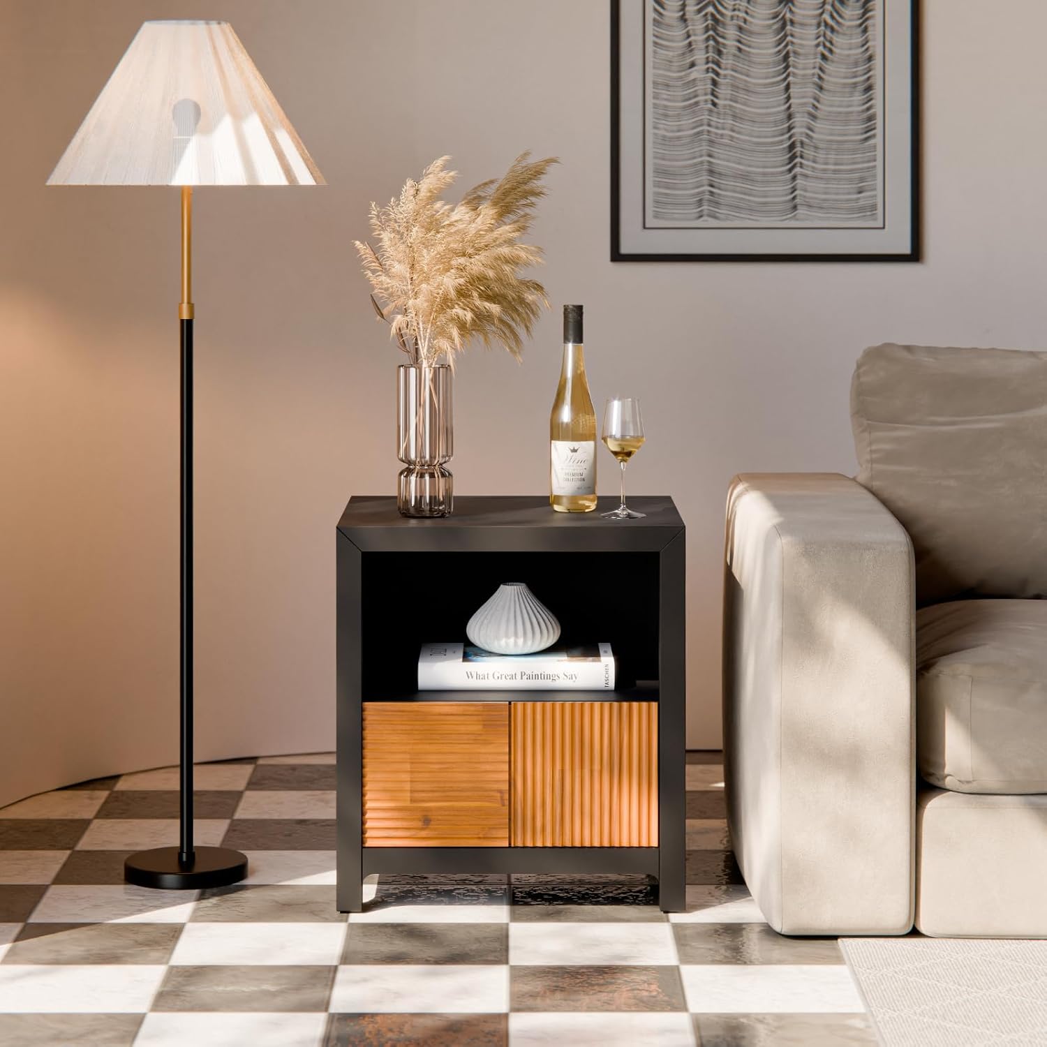 Bme Madia Wood Nightstand, Fully Assembled Mid-Century Modern Side Table in Black and Teak Brown