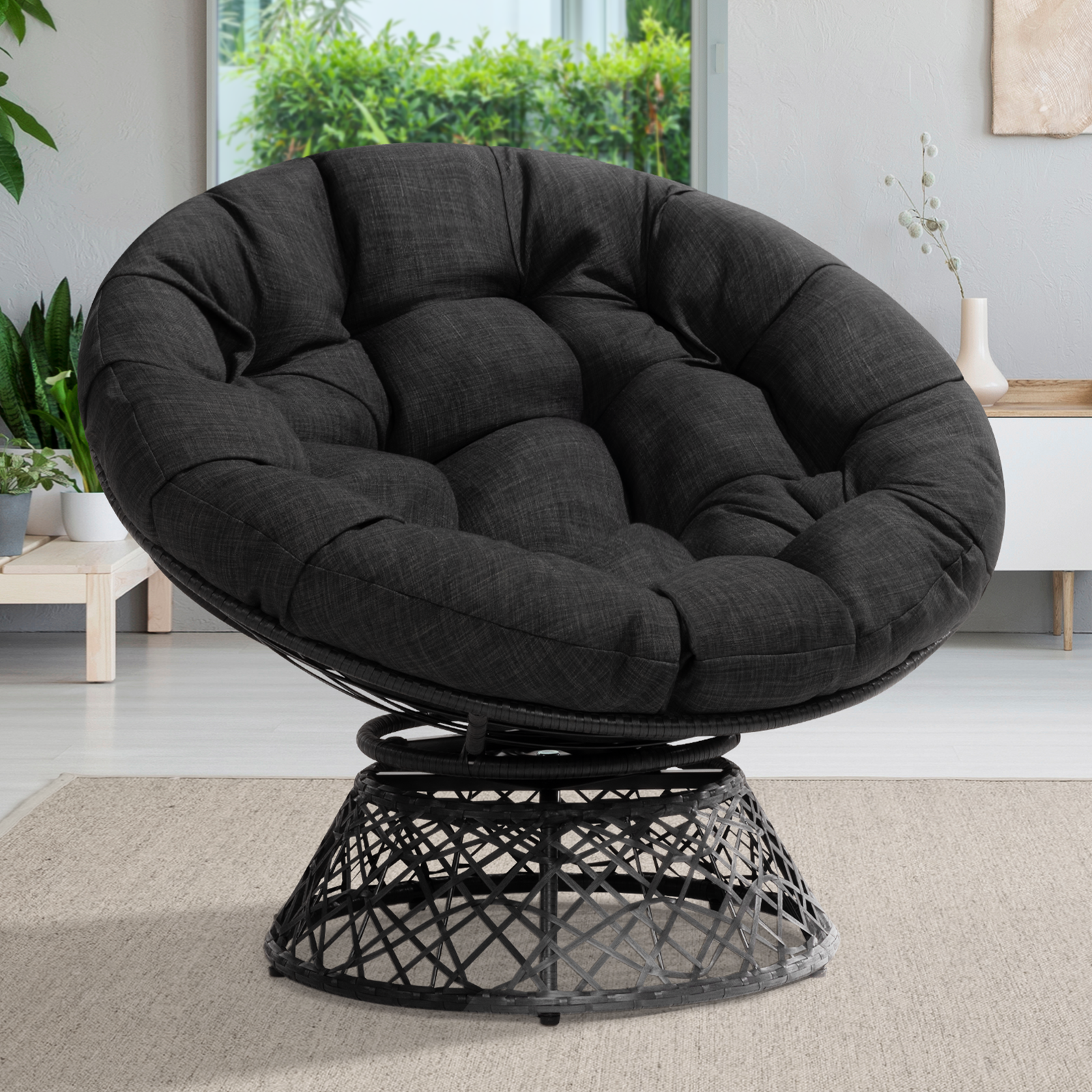 Bme 40" Ergonomic Wicker Papasan Chair with Soft Thick Density Fabric Cushion, High Capacity Steel Frame