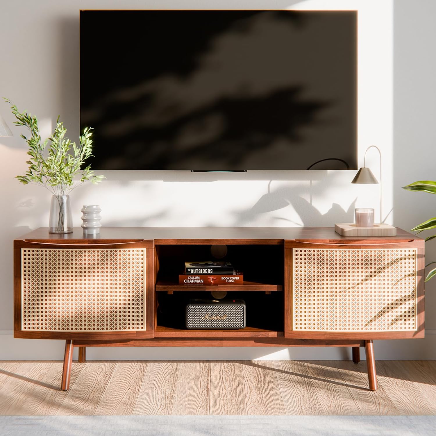 Bme Nancy TV Stand with Elegant Curved Shape & Inlaid Rattan