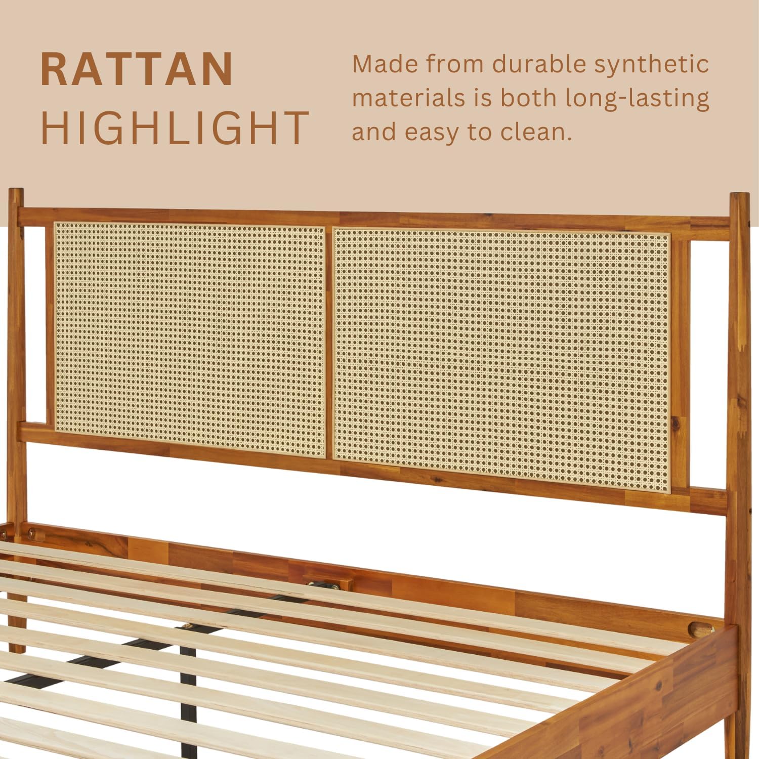 Bme Oliver King Bed Frame and Headboard - 15-Inch Signature Design with Rattan Headboard
