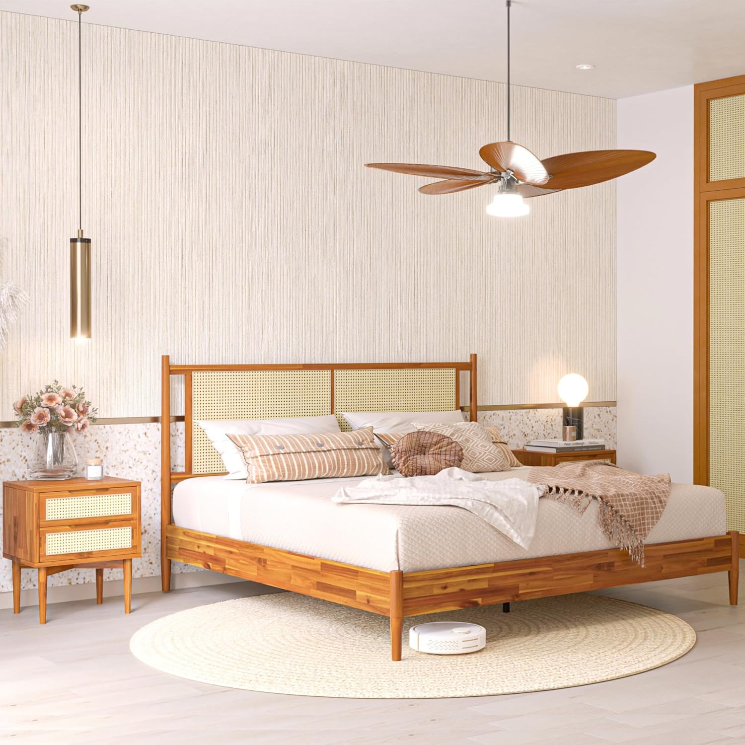 Bme Oliver King Bed Frame and Headboard - 15-Inch Signature Design with Rattan Headboard