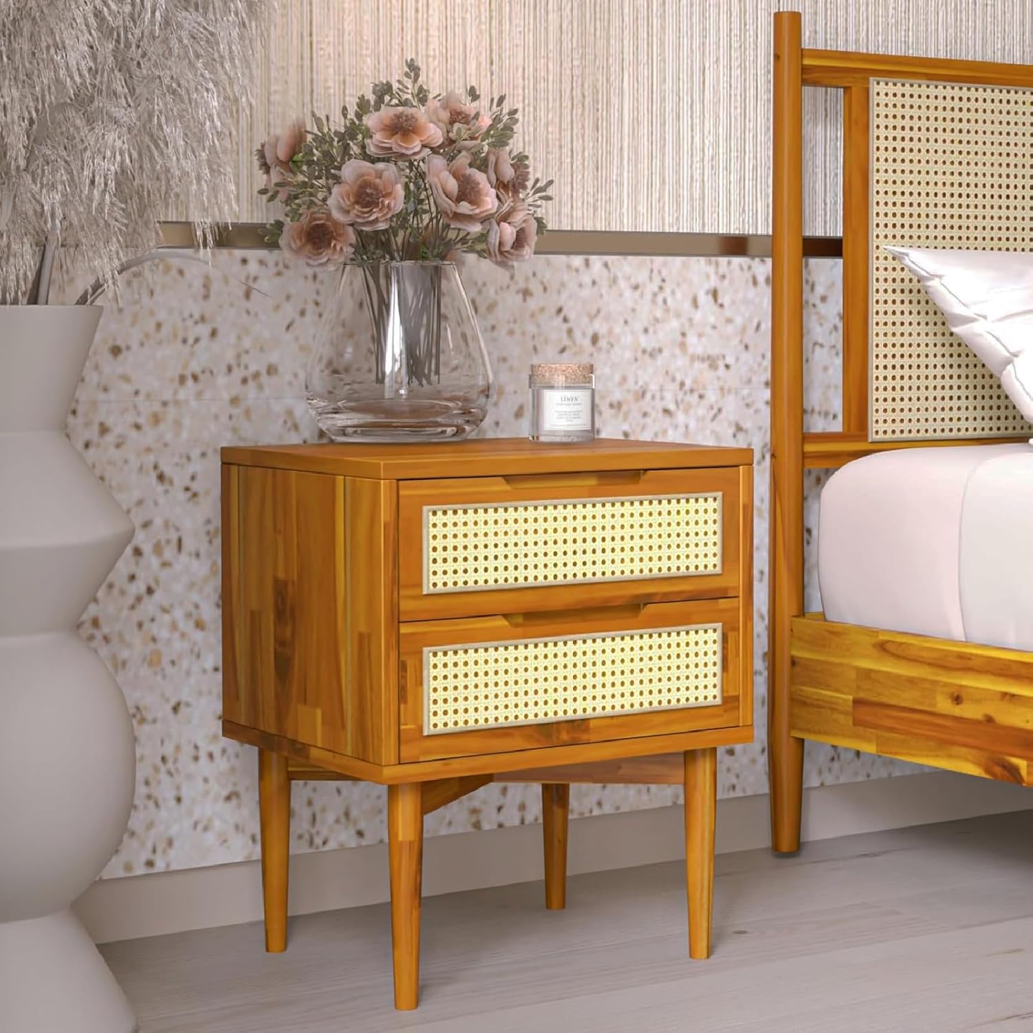 Bme Oliver Solid Wood Rattan Nightstand