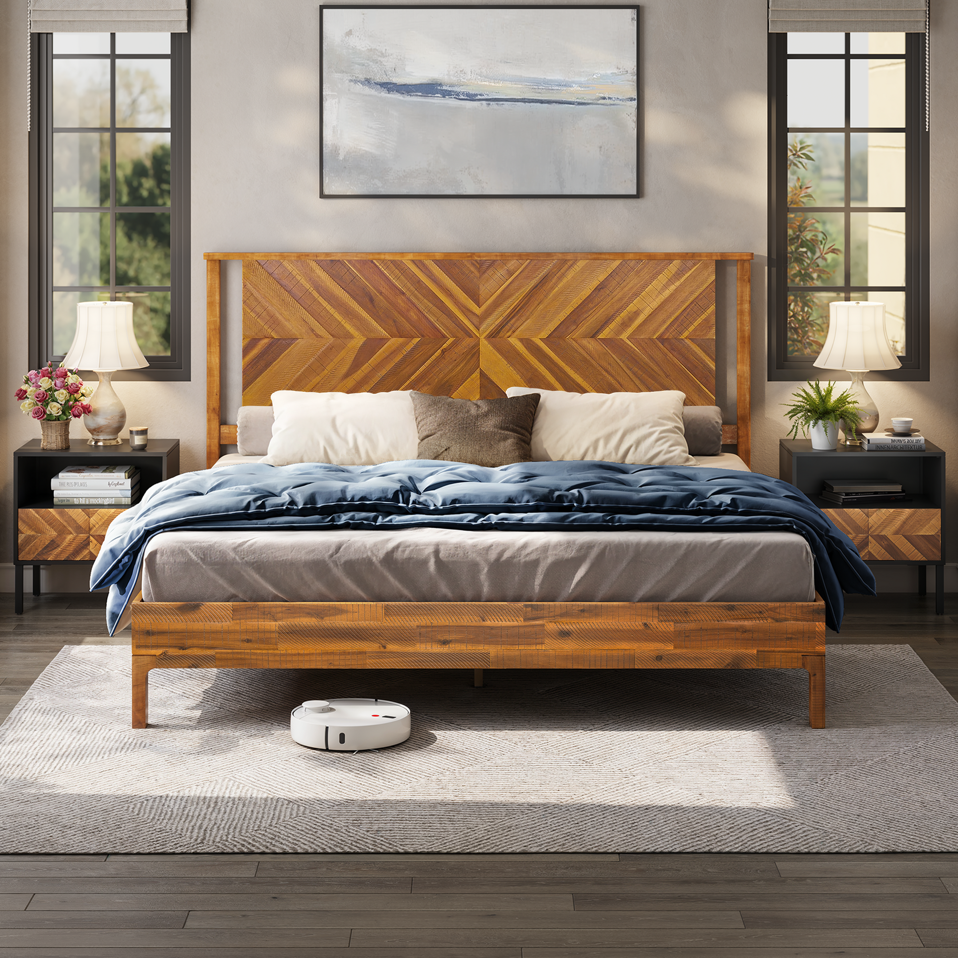 Bme Vivian 14 Inch Deluxe Bed Frame with Headboard, Rustic & Scandinavian Style with Solid Acacia Wood
