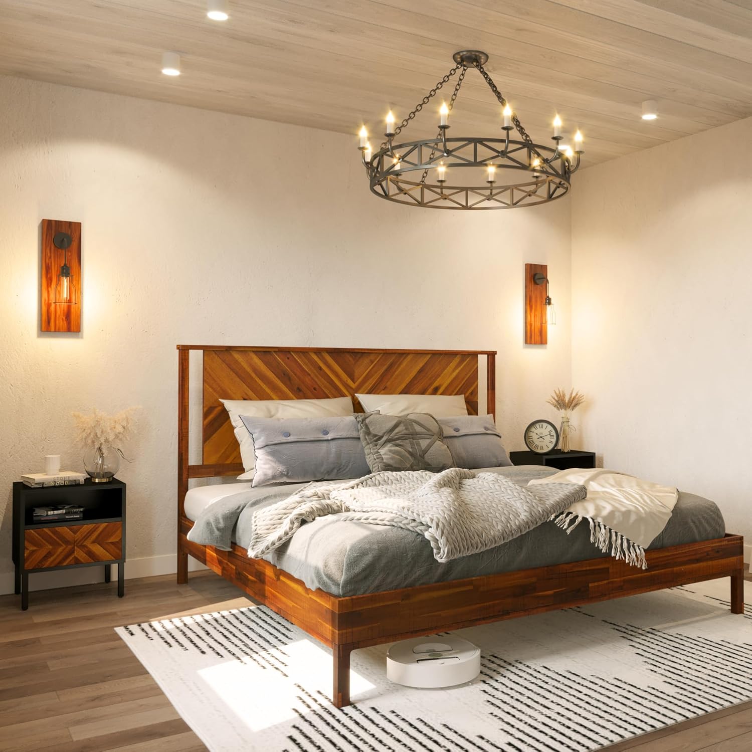 Bme Vivian 14 Inch Deluxe Bed Frame with Headboard, Rustic & Scandinavian Style with Solid Acacia Wood