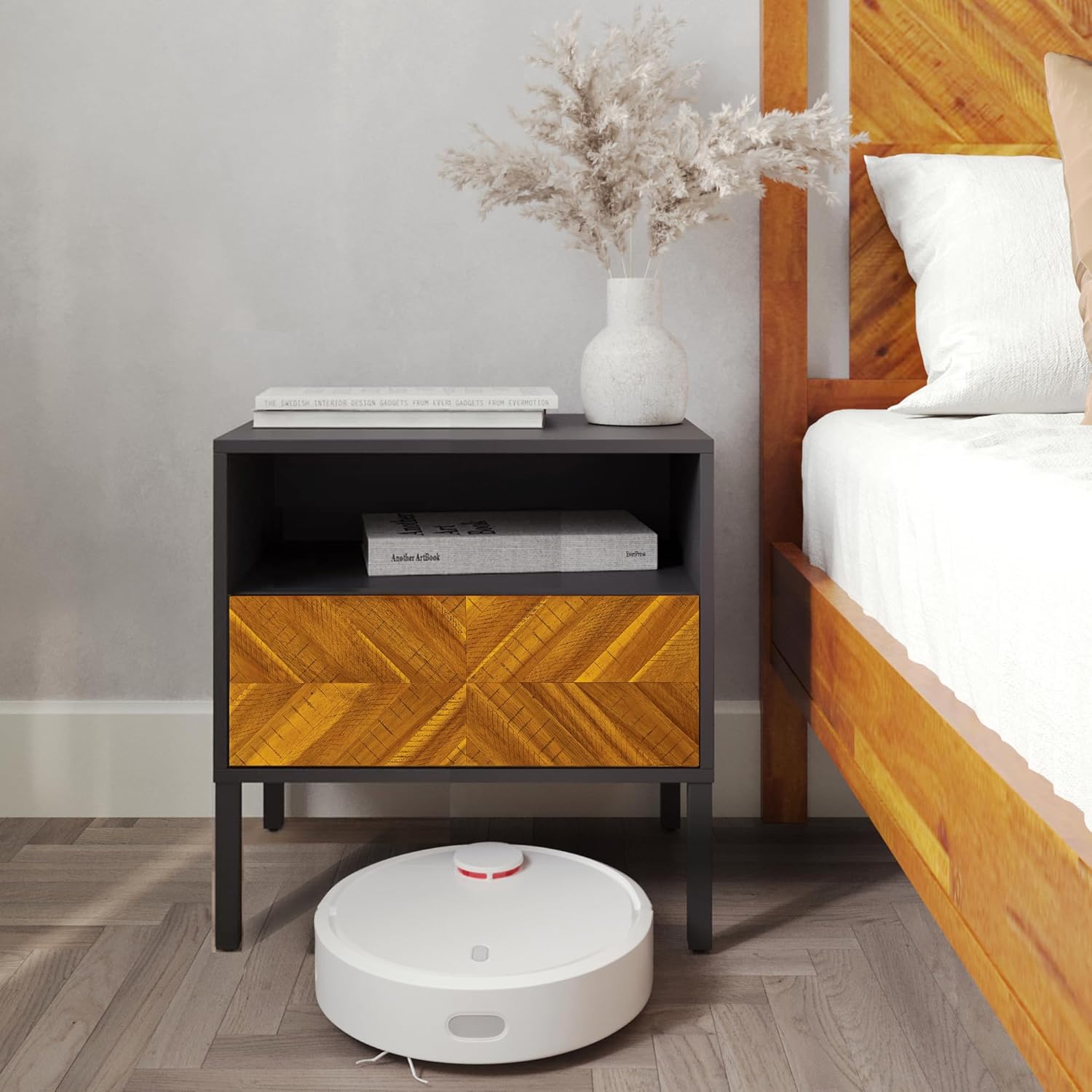 Bme Vivian Solid Wood Nightstand, End Table, Bedside Table with Herringbone Pattern for Rustic Bedroom