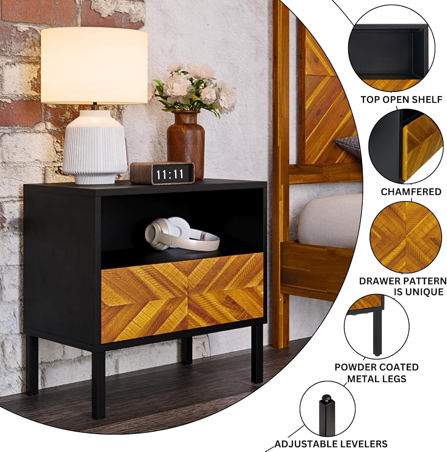 Bme Vivian Solid Wood Nightstand, End Table, Bedside Table with Herringbone Pattern for Rustic Bedroom